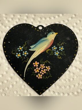 Vintage Hand Painted Heart bird art Pendant  Floral Black 70s toleware ornament